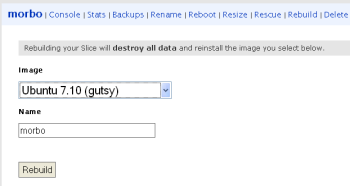 Screenshot of Slicehost Manager rebuild screen